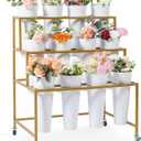 Flower Cart Display Stand, 3 Layers Metal Flower Bar Stand with 360 Swivel Wheels and Brake, Flower Display stand with Iron Buckets, Durable than Plastic Buckets, Flower Holder for Florist or Wedding