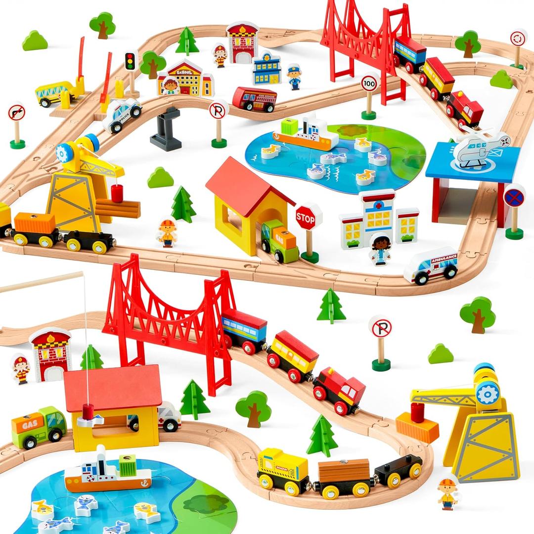 110PCS Wooden Train Set - Toy Magnetic Trains with Wooden Track Set for Kids Ages 3-8, City Scene Railway Set, Perfect Christmas Birthday Gift for Grandkids Toddlers Boys Girls