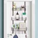 Over the Door Organizer Bathroom with Hooks 3 Tier Back of Door Shelf Organizer Rack Hanging Shelves Basket Metal Pantry Door Organizer with 3 Baskets 5 Hooks for Bathroom Kitchen Cabinet, Dark Brown