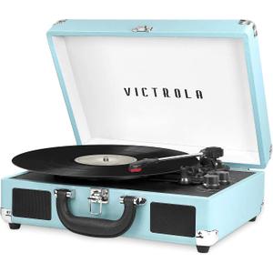Victrola Journey Bluetooth Portable Suitcase Record Player – with Built-in Speakers, 3 Speed Vinyl Record Player, RCA Out, Headphone Jack (Turquoise)