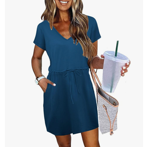 Dresses for Women 2025 Casual Midi Sun Dresses Short Sleeve A Line Tshirt Dress Beach Cover Ups Navy Blue Striped L