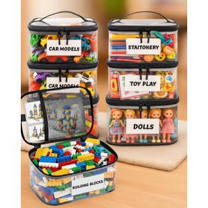 6 Pack Extra Large Clear Toy Storage Bags with Tag & Pocket  Versatile Waterproof Organizer Bags for Lego Bricks, Board Games, Building Blocks, Puzzles, Dolls, Books (Black-M Size-6 Pack)