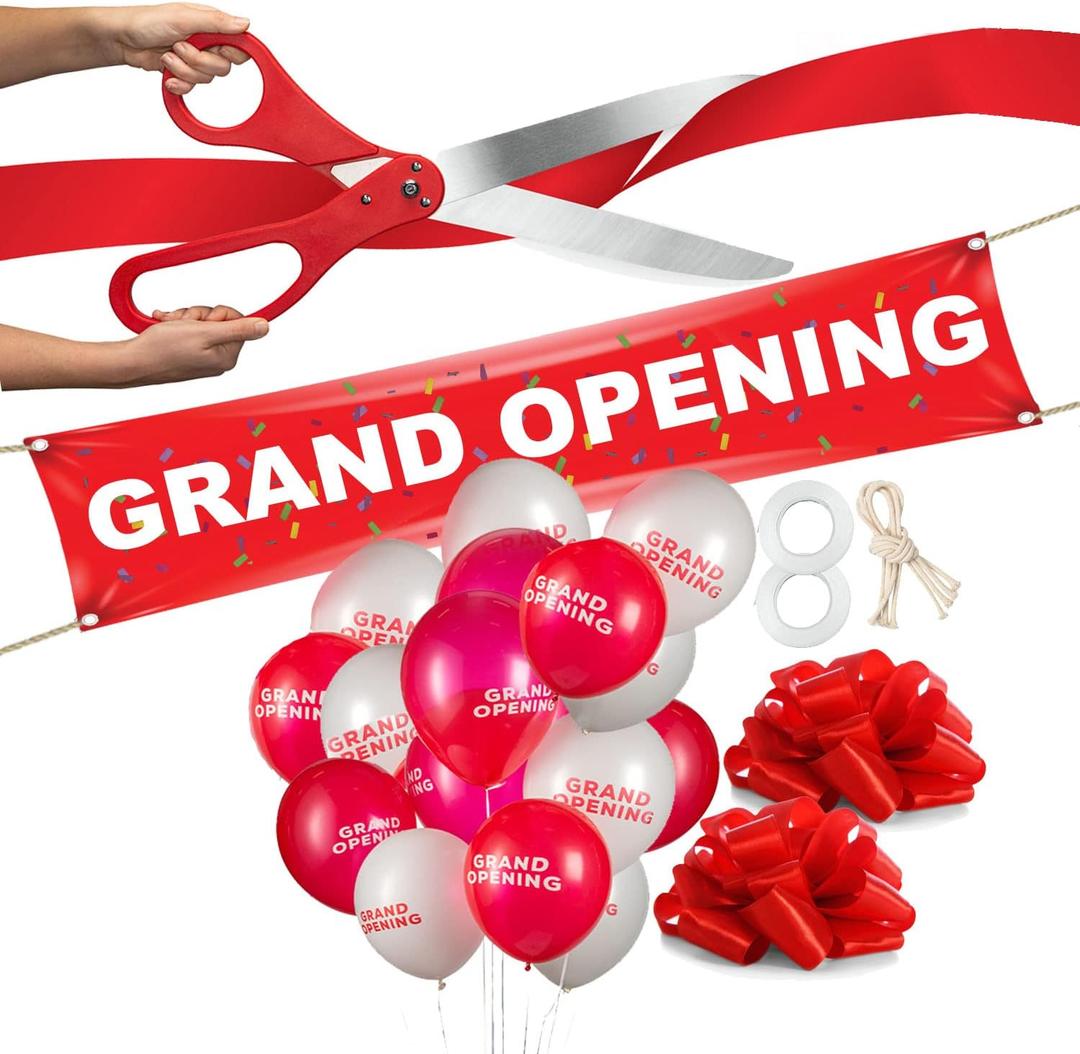 Deluxe Grand Opening Ribbon Cutting Ceremony Kit - 25" Giant Scissors with Red Satin Ribbon, Banner, Bows, Balloons & More