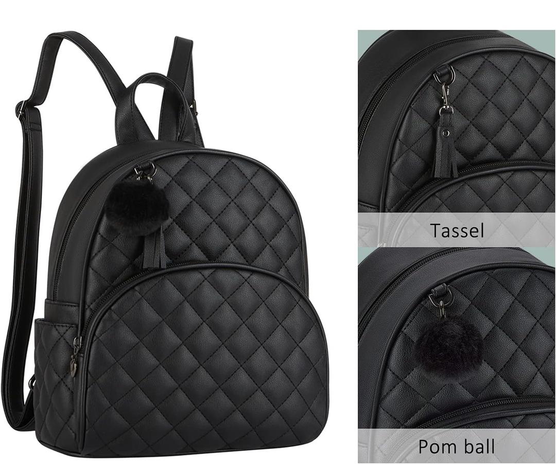 ECOSUSI Mini Backpack for Women Leather Small Backpack Purse for Ladies Cute Pom Bookbag Travel Shoulder Bag with Charm Tassel Black