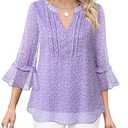 Furnex Womens Shirts Dressy Casual: 3 4 Sleeve Tops - Business Work Blouses - Ladies Work Business Office Attire Elegant Floral V Neck Cute Workout Fancy Chiffon Tunic 2025 Grey Violet L