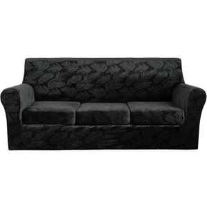4 Pieces Velvet Embossing Sofa Cover 3 Cushion Couch Covers for Sofa Durable Soft Plush Sofa Slipcovers 3 Seater Washable Dog Cover for Couch (Black, Sofa)