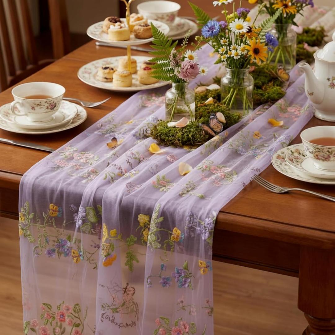 Purple Floral Table Runner 10ft Embroidery Tulle Spring Wildflower Gauze Table Runner Seasonal Summer Butterfly Kitchen Dining Decoration for Wedding Baby Shower Birthday Party (1 Pcs)