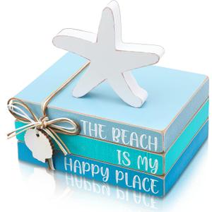 Pinkunn 4 Pcs Summer Table Decorations Beach Starfish Seashell Tiered Tray Wooden Block Sign Stacked Book Nautical Decorative Signs & Plaques for Tabletop Shelf Mantel Living Room Office Desk