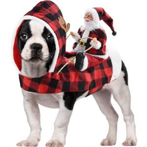 Dog Christmas Costume Running Santa Claus Riding on Pet Christmas Winter Plaid Hoodie Coat for Dog Cat Christmas Holiday Outfit Pet Xmas Dog Clothes S