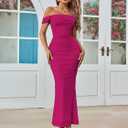 KUTUMAI Off The Shoulder Maxi Long Dress Corset Ruched Bodycon Cocktail Formal Wedding Guest Dresses for Women (Pink, M)