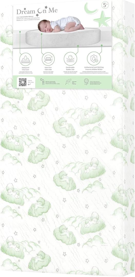 Dream On Me Serene Snooze 2-in-1 Crib Mattress, Dual-Sided for Infants & Toddlers, Waterproof Cover, GREENGUARD Gold Certified, Fits Full Size Crib & Toddler Bed, 52 x 28 x 5