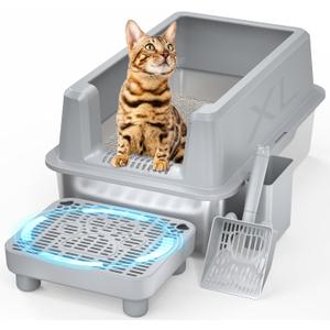 Stainless Steel Cat Litter Box with lid, Extra Large Metal Litter Box for Big Cats XL High-Sided Steel Litter Pan with Anti-Leakage Design, Odorless, Easy Clean, Includes Scoop (Gray) (Grey)