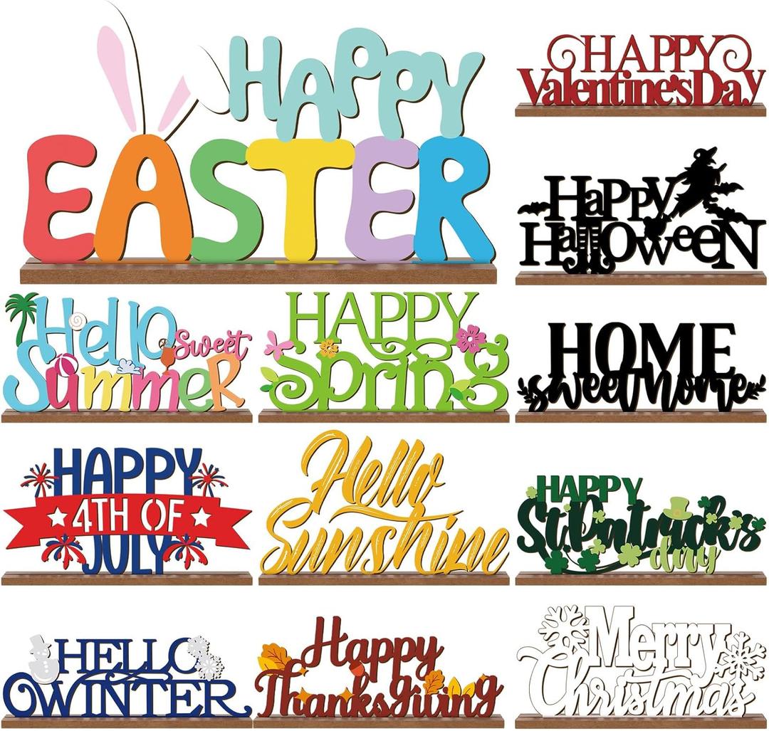 12 Pcs Interchangeable Seasonal Decor Holiday Sign Wooden Desk Table Decor for Office Home Rustic Farmhouse Multiple Holiday Sign with Wooden Base Tiered Tray Tabletop Mantel Easter Welcome Signs