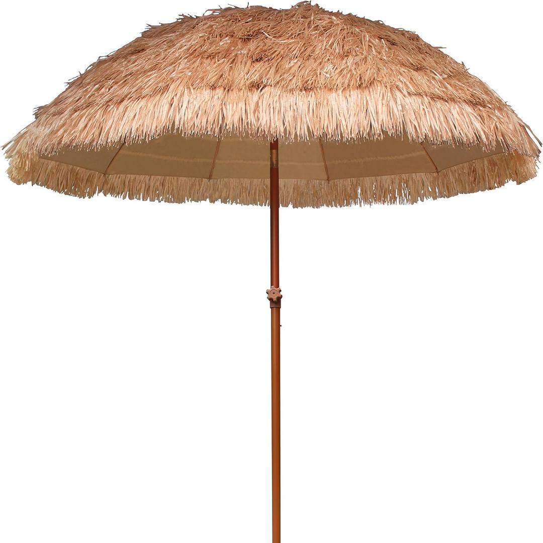 AMMSUN 7.5ft Hula Thatched Tiki Patio Beach Umbrella Hawaiian Style 10 Ribs UPF 50+ with Tilt Carry Bag for Outdoor Tiki Bar, Tropical Palapa, Patio Garden Beach Pool Backyard Natural Color