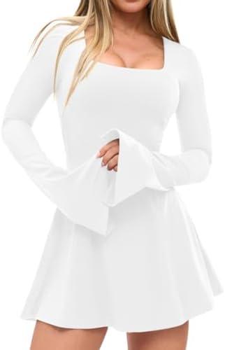 XXTAXN Women’s Sexy Flare Long Sleeve Square Neck Party Yoga Flowy Hem Mini Dress with Shorts, Medium