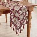 Loom and Mill Vintage Jacquard Table Runner 108 inches Long, Elegant Floral Pattern Dining Table Runners with Tassels, Great for Table Setting Kitchen Dresser Party Decor(Burgundy, 13x108in)
