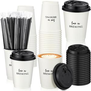 25 Pcs Wedding Coffee Cup Love Is Brewing Bridal Shower Decoration Disposable Wedding Paper Drinking Tumbler Bulk with Lid Straw Custom Reception Cup Engagement Mother Party (Minimalist)