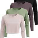 4 Pack Women's Cotton Crop Tops Long Sleeve Cropped Tshirts Crew Neck Tees (Purple, M)