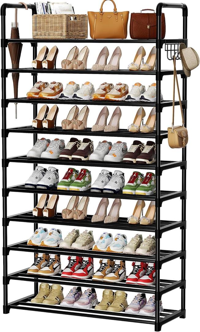 SRRSO Shoe Rack, 10 Tier Shoe Storage Organizer with Hooks, Fit 40-45 Pairs Shoes, Metal Tall Shoe Shelf for Closet, Entryway, Hallway, Garage, Bedroom, Cloakroom (XL)