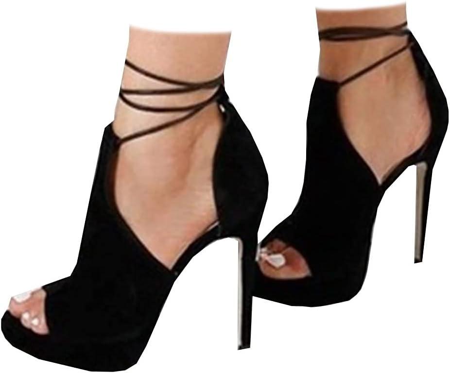 Womens Peep Toe Platform Heels Sexy Sandals Strappy Lace Up Tie Stilettos Dress Pumps Shoes (7.5, 1-black)