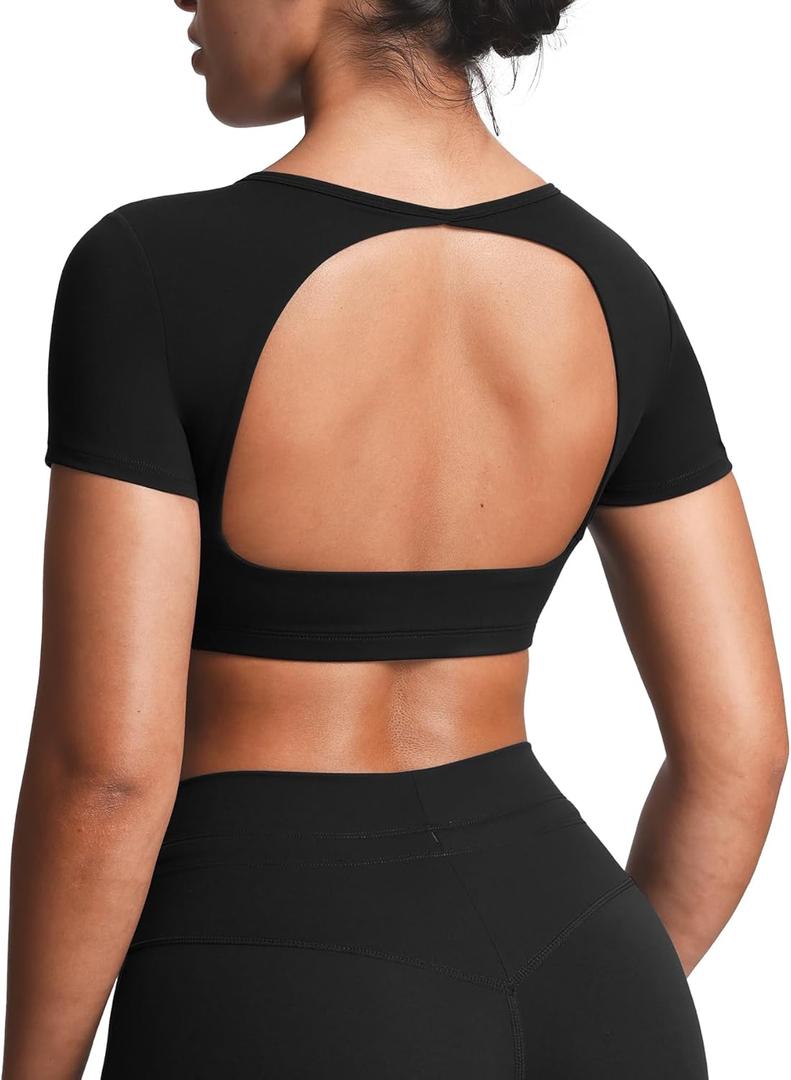 Aoxjox Short Sleeve Crop Tops for Women Clarissa Hollow Back Workout Cropped T Shirt Top (Medium, Black)