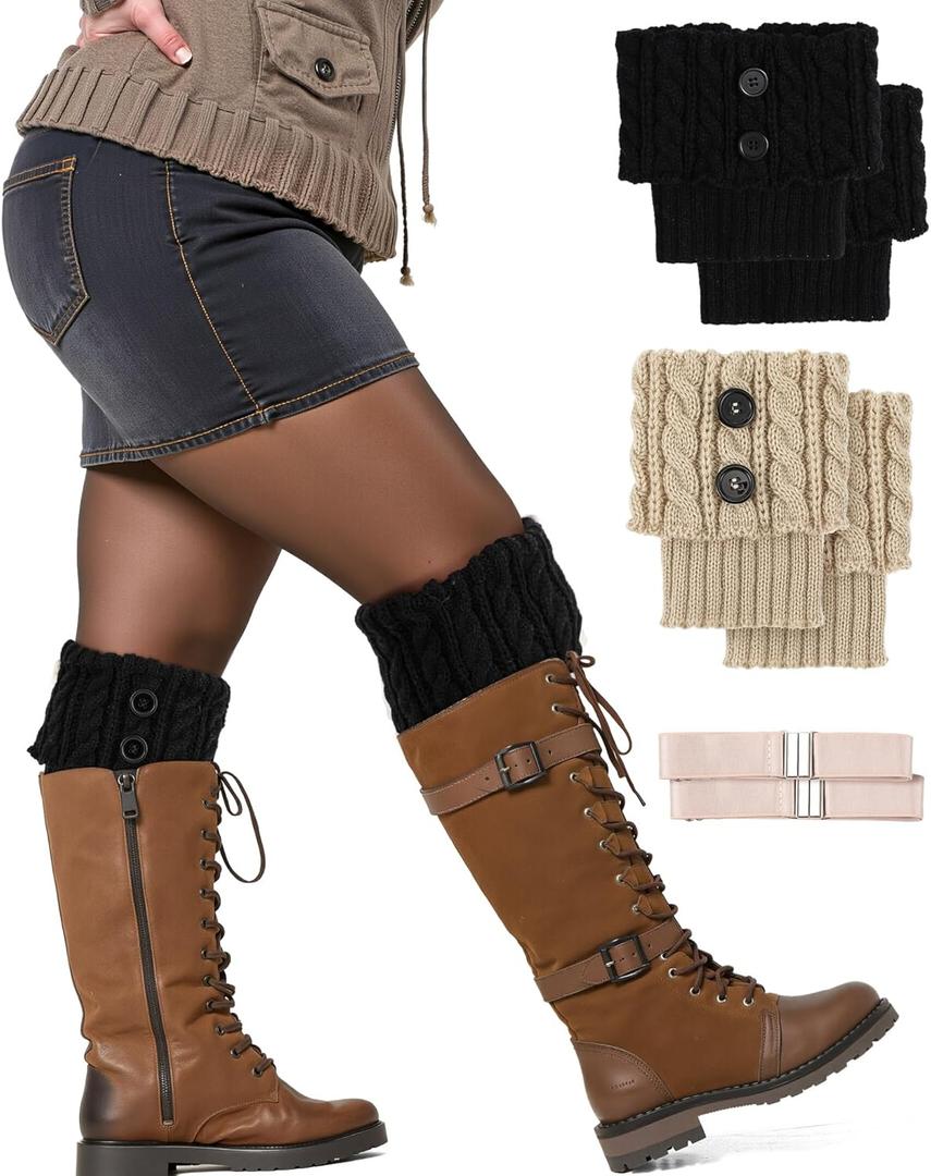 Coume 3 Pairs Women's Extra Wide Calf Boot Cuffs Plus Size Boot Toppers for Women Leg Warmer Socks Gift for Christmas Winter (Beige Black)
