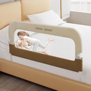 Bed Guard Rail for Toddlers - 32" Adjustable Heights & Folding up Portable Bed Railing for Baby - Toddler Bed Rails Guard for Crib, Twin, Bunk,Full Size, Queen & King Bed (Beige With Khaki)