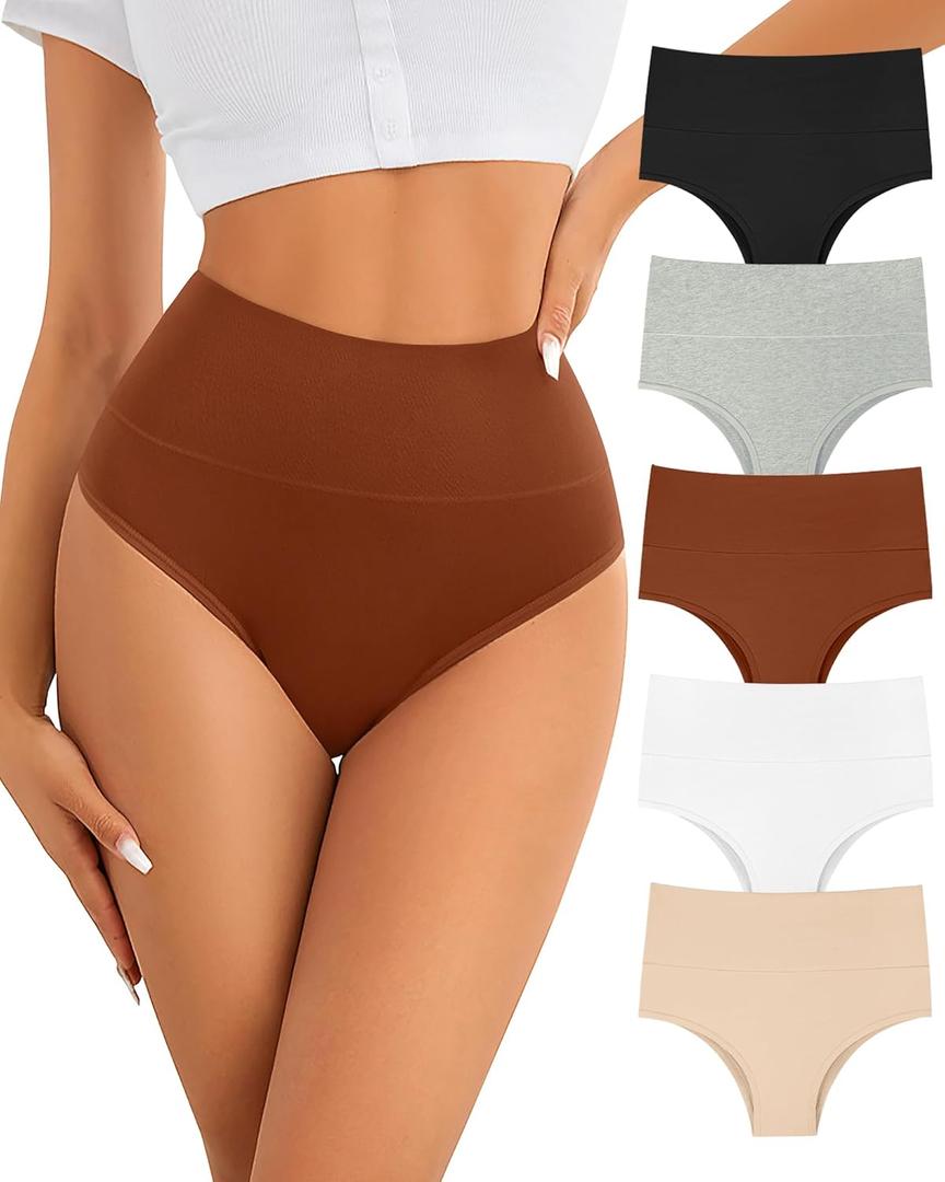 ASIMOON High Waisted Bikini Underwear for Women Tummy Control Cotton Panties Soft Strech No Muffin Cheeky Panty Multi Pack (Medium)