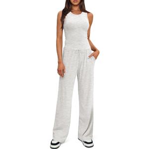 Darong Women's 2 Piece Outfits Lounge Sets Sleeveless Tank Tops Wide Leg Pants Sets Tracksuits Match Sets (Medium, White Grey(29" Inseam))