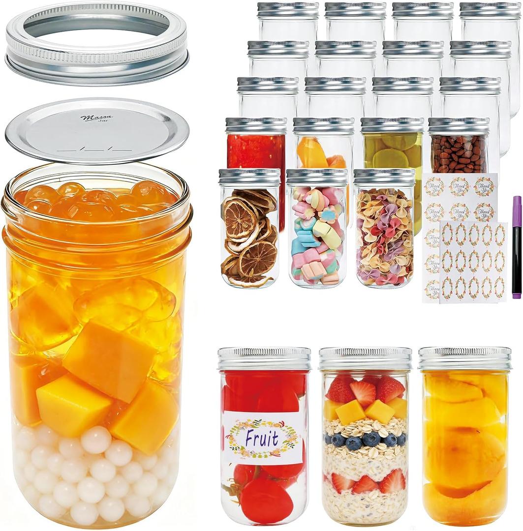 Flrolove Mason Jars 12 oz, Glass Jars with Airtight Lid,Canning Jars with Regular Lids and Bands 24 PACK, Ideal for Jam, Honey, Wedding Favors, Shower Favors, DIY Spice Jars