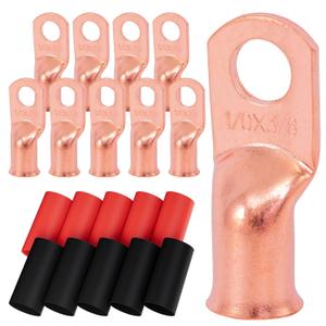 2 x 10pcs 1/0 AWG-3/8(M10) Battery Lugs Heavy Duty Wire Lugs Ring Terminal 0 Guage terminals Battery Cable Ends/Terminal Connectors with 3:1 Heat Shrink Tubing (Bare-Copper)