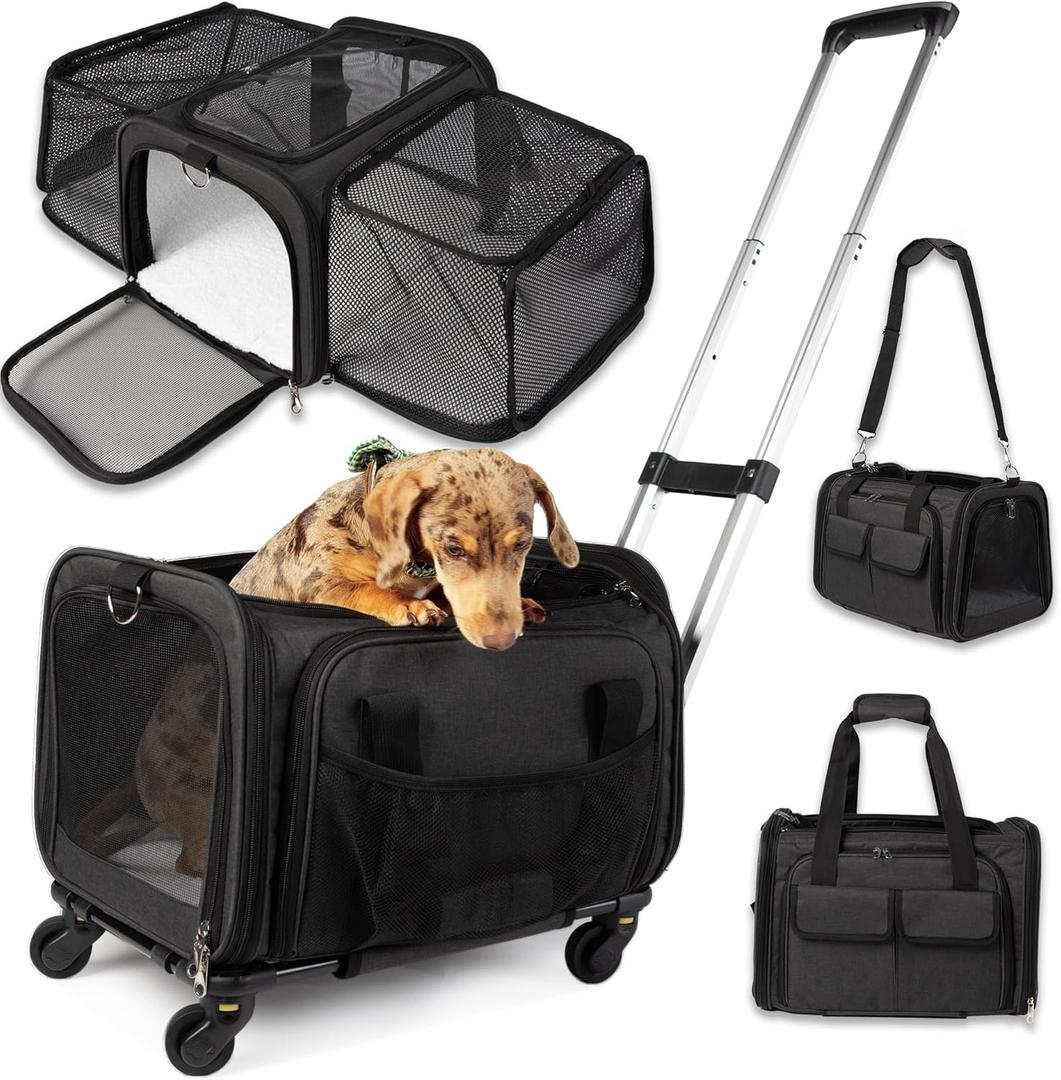 Pet Carrier with Wheels | Delta American Frontier Airline Approved | Two Expandable Sides, Storage Pockets Adjustable Leash | Rolling Dog and Cat Carrier TSA Compliant (Black 17x11x11)