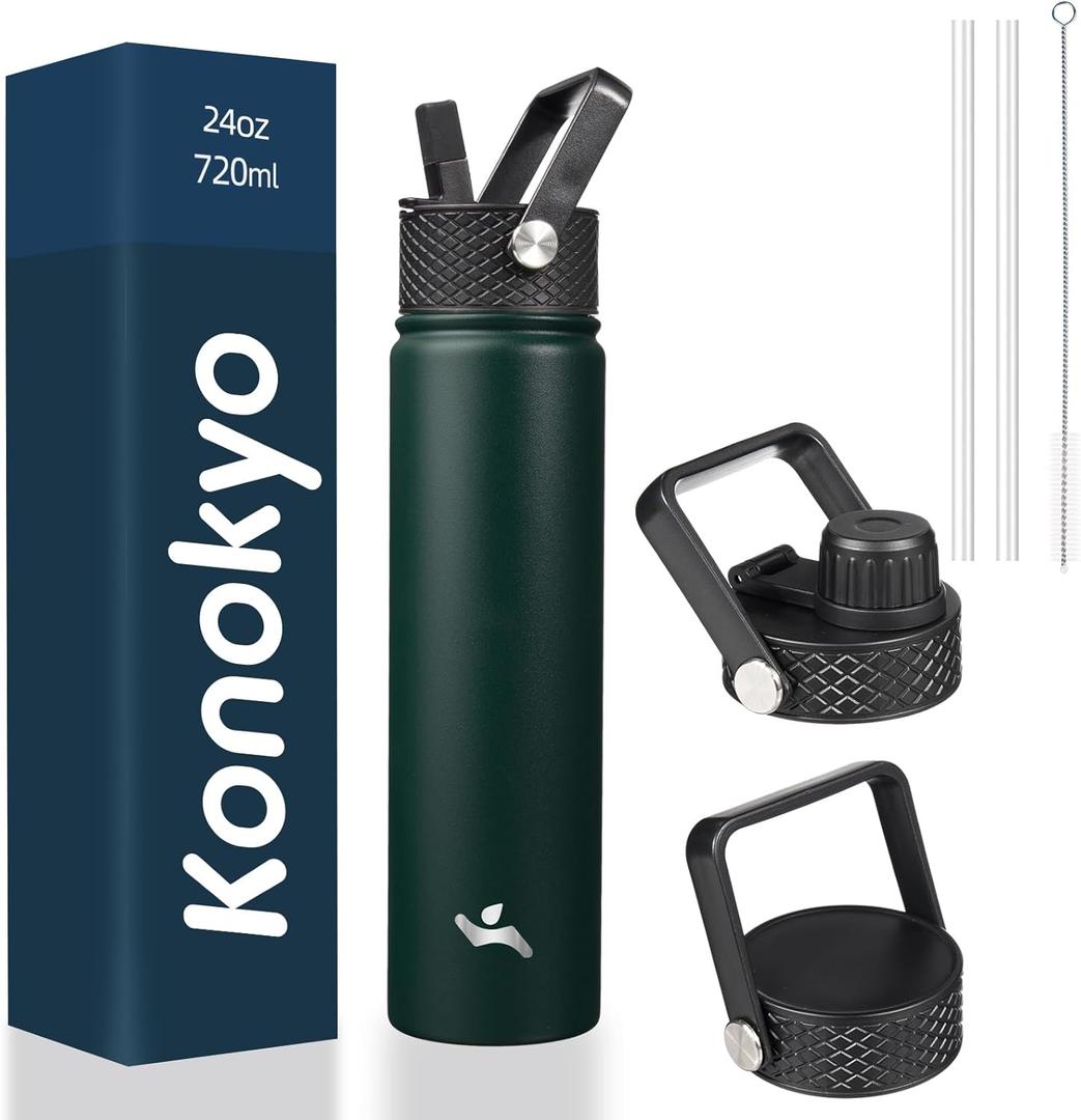 Insulated Water Bottle 24Oz Stainless Steel Sport Bottles With 3 Lids, Army Green