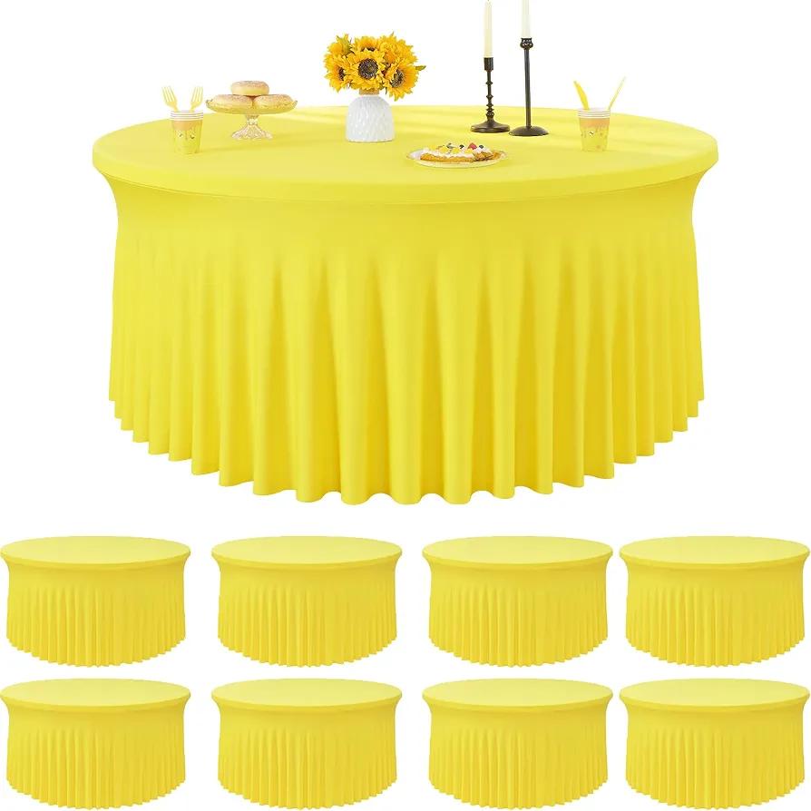 8 Pack Yellow Spandex Round Tablecloths for 60 inch Table, Wrinkle Free Stretchy 120inch Fitted 5FT Round Table Cover with Skirt for Wedding Party Dining Banquet