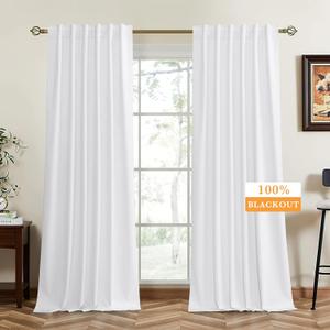 RYB HOME 100% Blackout White Velvet Curtains for Bedroom, Back Tab and Rod Pocket Thermal Insulated Room Darkening Curtains for Living Room Nursery, White, 52W x 108L, 2 Panels