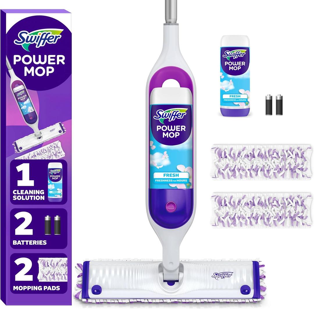 Swiffer PowerMop Multi-Surface Mop Kit for Floor Cleaning, Includes PowerMop, 2 Mopping Pad Refills, 1 Cleaning Solution with Fresh Scent and 2 Batteries (Purple and White)