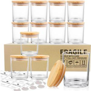 SUPMIND 12 Pack Glass Candle Jars-10oz Clear Empty Candle Jars with Bamboo Lids and Sticky Labels, Bulk Candle Jars for Making Candles Containers - Dishwasher Safe