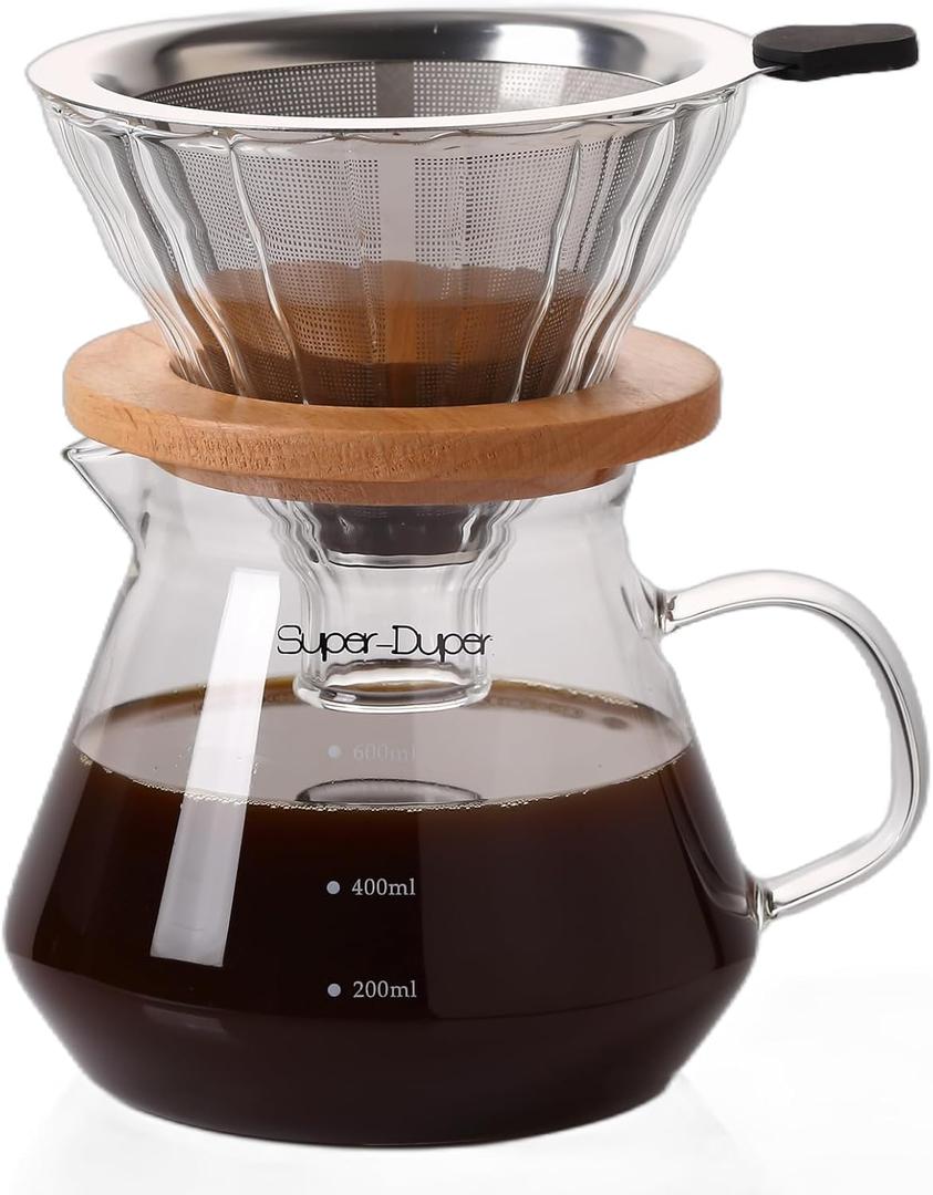 Super-Duper glass coffee 600ml glass coffee maker Made of high borosilicate glass Stainless steel filter pour over coffee carafe coffee maker non electric