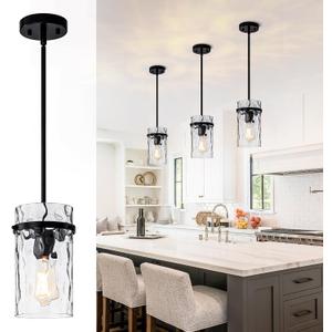 Farmhouse Black Hammered Glass Pendant Lights Kitchen Island for Foyer | D5.5" Black Pendant Lights over Island with Hammered Hand-Blown Glass over Sink , E26 Base, Height Adjustable, 1 Pack