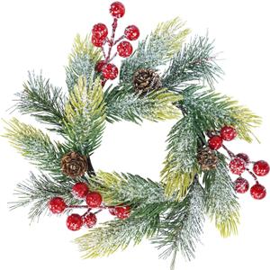 Winlyn 4 Pcs Artificial Snowy Pine and Berry Candle Rings Spruce Pine Candle Wreaths with Pinecones Christmas Pillar Candle Rings 9.6" for Holiday Season Winter Wedding Mantel Door Table Centerpiece