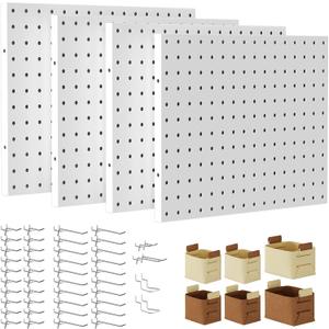 Peg Board, 4 Pack Metal PegBoard Organizer with Accessories, White Pegboard Panels with 50 Pcs Hooks and Baskets, Wall Organizer for Office, Craft Room Organization, Garage, Sewing Room