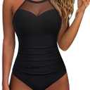 SUUKSESS Women Tummy Control One Piece Swimsuit Sexy Mesh High Neck Bathing Suit (Small, 58 Black)