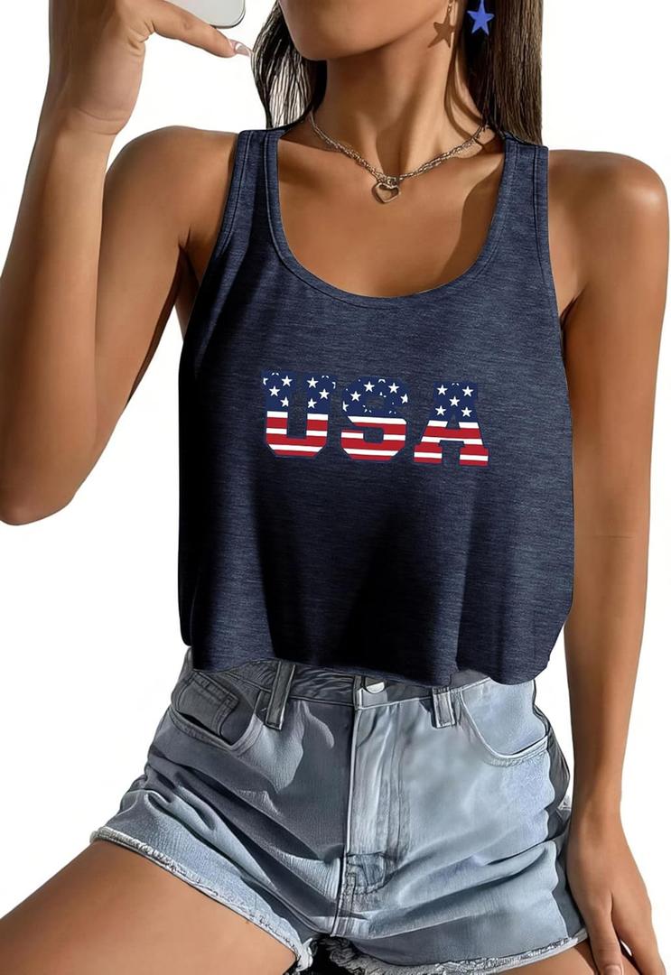 Women's American Flag Tank Top, USA Patriotic Sleeveless Crop Tops, 4th of July Camis Shirt (US, Alpha, Small, Regular, Regular, Navy-473) (Blue, S)