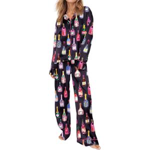 SHESHOW Satin Pajamas for Women Set Long Sleeve Button Down Sleepwear 2 Piece Nightwear Women Pjs Sets (Champagne Bottle Black) XL