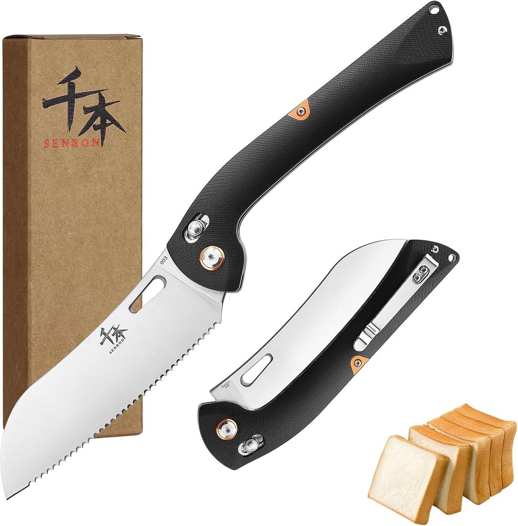 SENBON 440 Stainless Steel Super Sharp Pocket Folding Chef Knife Handle Camping Barbecue Outdoor Back Clip Portable (G10 bread knife)