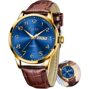 Taxau Men's Watch Big Face Easy Read Arabic Numeral Dress Watches for Men Classic Black Brown Leather Band Analog Mens Wrist Watch with Day and Date Fashion Business Waterproof Luminous Quartz Watch