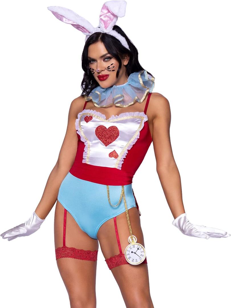 Leg Avenue Women's 4 Pc Wonderland White Rabbit Costume with Bodysuit, Neck Ruffle, Headband, Tail, Small