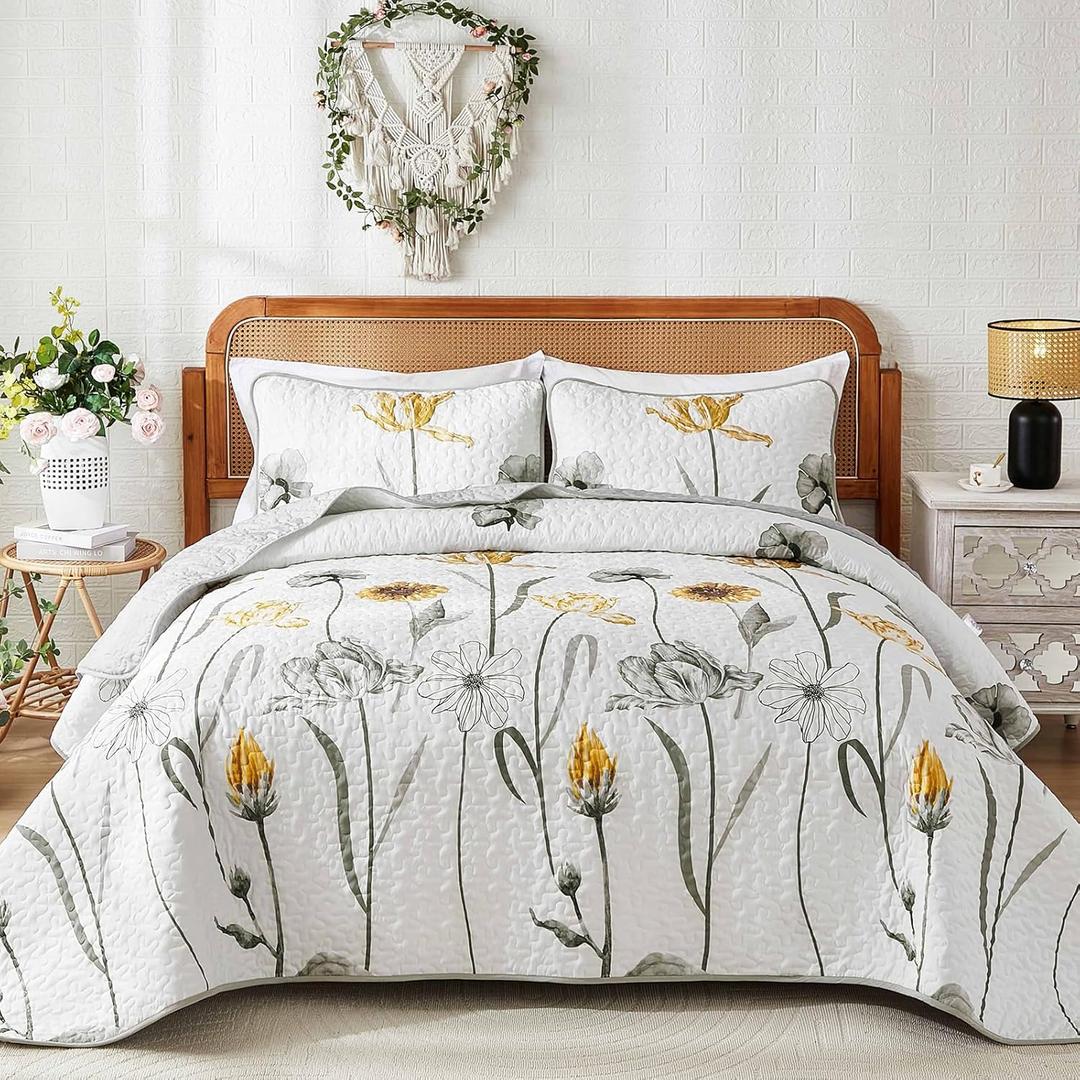 WONGS BEDDING Floral Quilt Set Queen,Grey and Yellow Bedspread Coverlet Bedding Set with 2 Pillowcase,Spring Summer Lightweight Floral Bedding Set for All Season (96"x90")