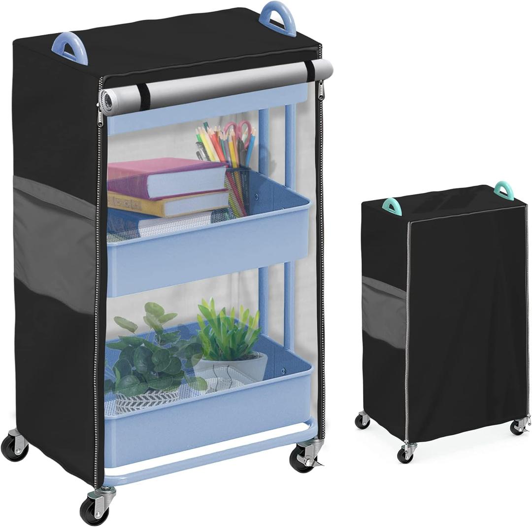 Utility Cart Cover with Storage Pockets, Heavy Duty Waterproof Dustproof Protective Cover Fits 17 D x 13 W x 31 H Black Supply Cart Cover for Home Office (Cart Not Included)