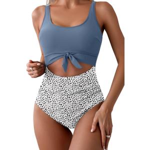 Eomenie Women's One Piece Swimsuit Tummy Control Slimming Bathing Suit Cutout Tie Knot Swimwear (X-Large, Gray Blue Print)